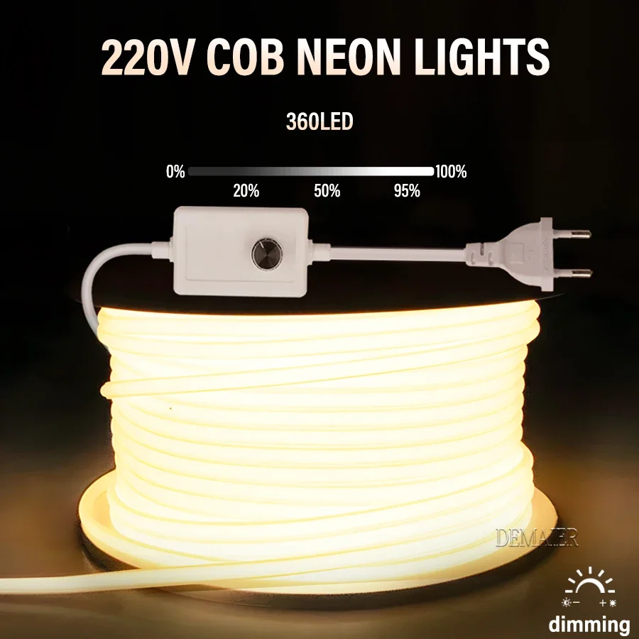COB LED Neon Strip Light 220V Power EU Plug Dimmable/Switch RA90 360LEDs/m High Lumen Waterproof Kitchen Closet Backlight
COB LED Neon Strip Light 220V Power EU Plug Dimmable/Switch RA90 360LEDs/m High Lumen Waterproof Kitchen Closet Backlight