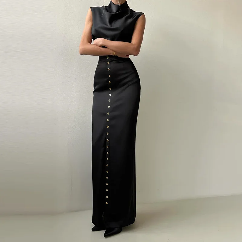 Elegant Satin Women's 2 Pcs Suits Turtleneck Sleeveless Crop Tops With High Waist Hip Package Button Long Skirt Sexy Lady Outfit
Elegant Satin Women's 2 Pcs Suits Turtleneck Sleeveless Crop Tops With High Waist Hip Package Button Long Skirt Sexy Lady Outfit