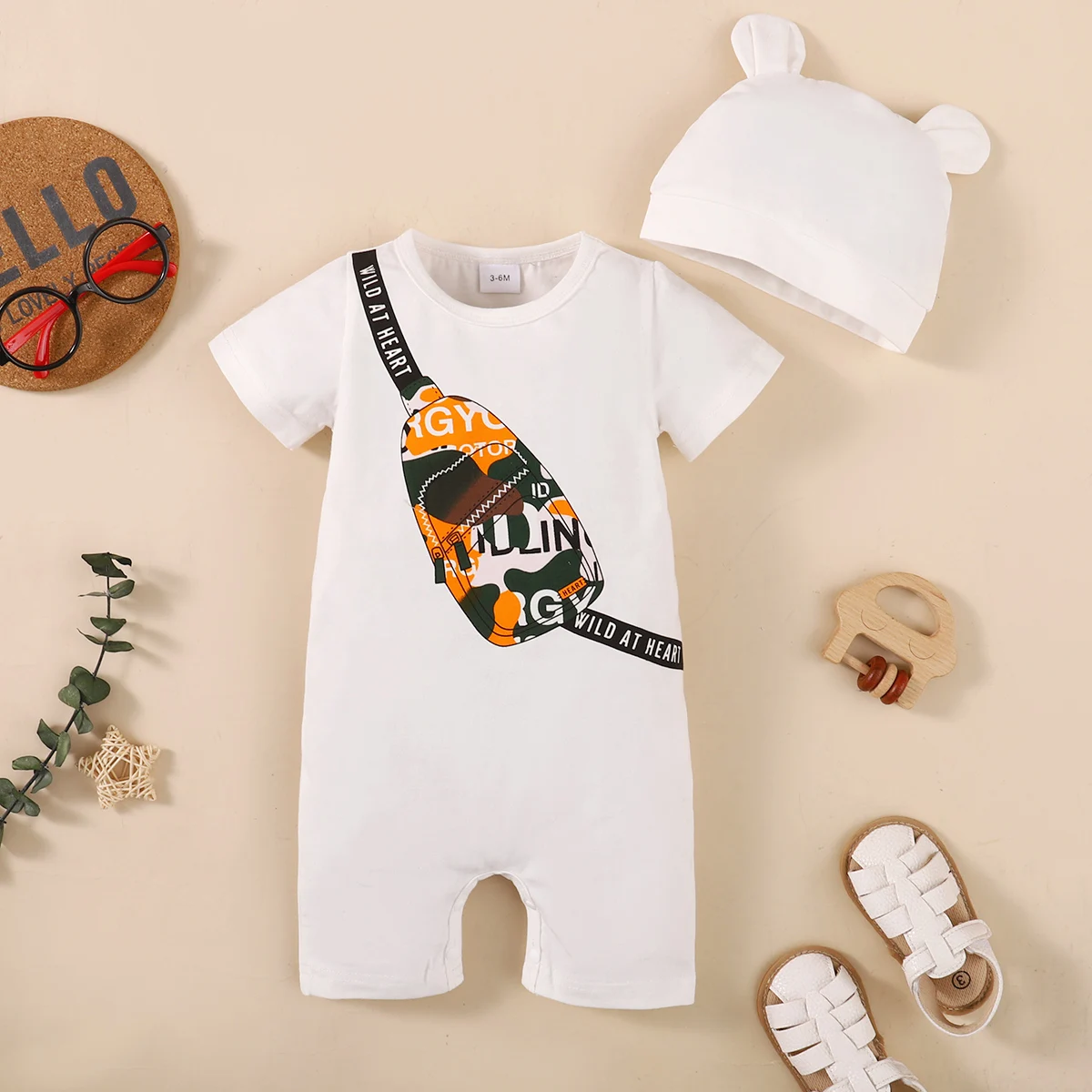 Baby Boy Round Neck Small Backpack With Printed Pattern, Short Sleeved Bodysuit +Hat 2PC Suitable for Newborns Aged 0-2 Y ears
Baby Boy Round Neck Small Backpack With Printed Pattern, Short Sleeved Bodysuit +Hat 2PC Suitable for Newborns Aged 0-2 Y ears