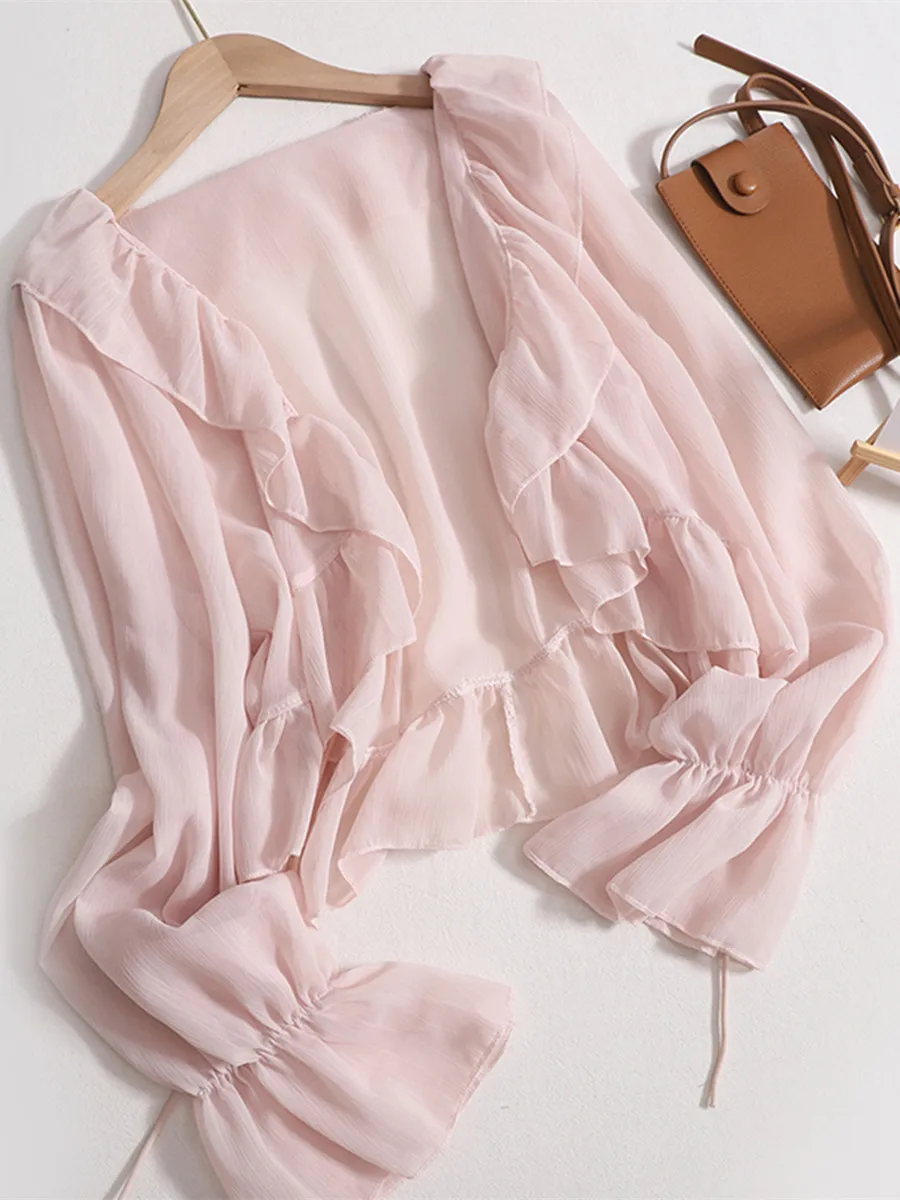Sweet Pink Summer New Style Sheer Lace Front Tie Blouse Flounce Hem Korean Style Long Sleeve V Neck Slim Fit Outerwear
Sweet Pink Summer New Style Sheer Lace Front Tie Blouse Flounce Hem Korean Style Long Sleeve V Neck Slim Fit Outerwear