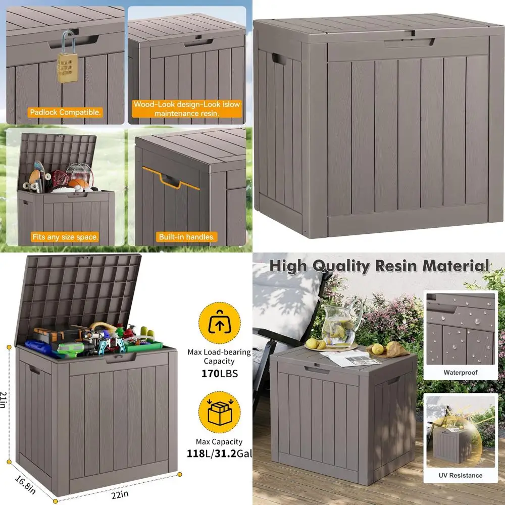 Weatherproof Outdoor Storage Box - 31 Gallon Capacity, Lockable Lid, Wood-Like Black Stripes for Garden, Patio, and Poolside Use
Weatherproof Outdoor Storage Box - 31 Gallon Capacity, Lockable Lid, Wood-Like Black Stripes for Garden, Patio, and Poolside Use
