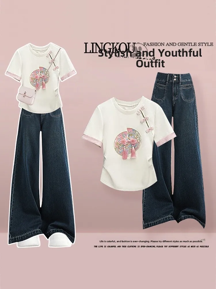 Elegant plus Size Summer Outfit Women's New Chinese Style Short Sleeve T-Shirt High Waist Korean Slim Jeans Two Piece Set
Elegant plus Size Summer Outfit Women's New Chinese Style Short Sleeve T-Shirt High Waist Korean Slim Jeans Two Piece Set