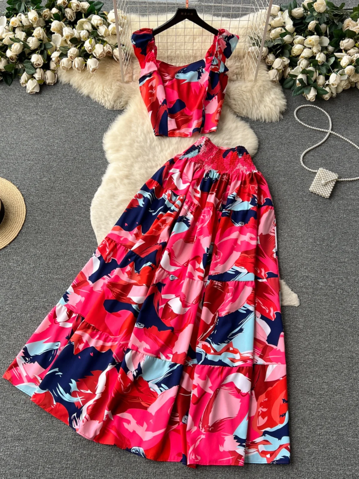 Floral Print ter Ne Chiffon Set Women's A-Line Skirt High Waist Slimming Top Bot Summer Faion Ensemble
Floral Print ter Ne Chiffon Set Women's A-Line Skirt High Waist Slimming Top Bot Summer Faion Ensemble