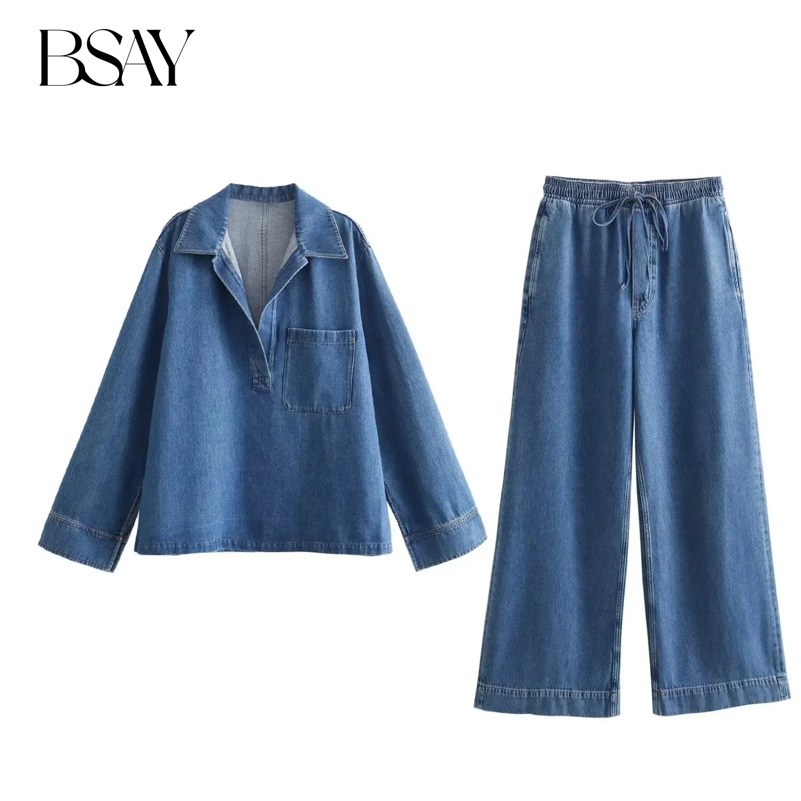 BSAY Women Fashion Spring Long Sleeve Lapel Denim Shirt Blouses Chic Casual Wear Elastic Waist Wide Leg Pants Jeans 2pc Suit Set
BSAY Women Fashion Spring Long Sleeve Lapel Denim Shirt Blouses Chic Casual Wear Elastic Waist Wide Leg Pants Jeans 2pc Suit Set