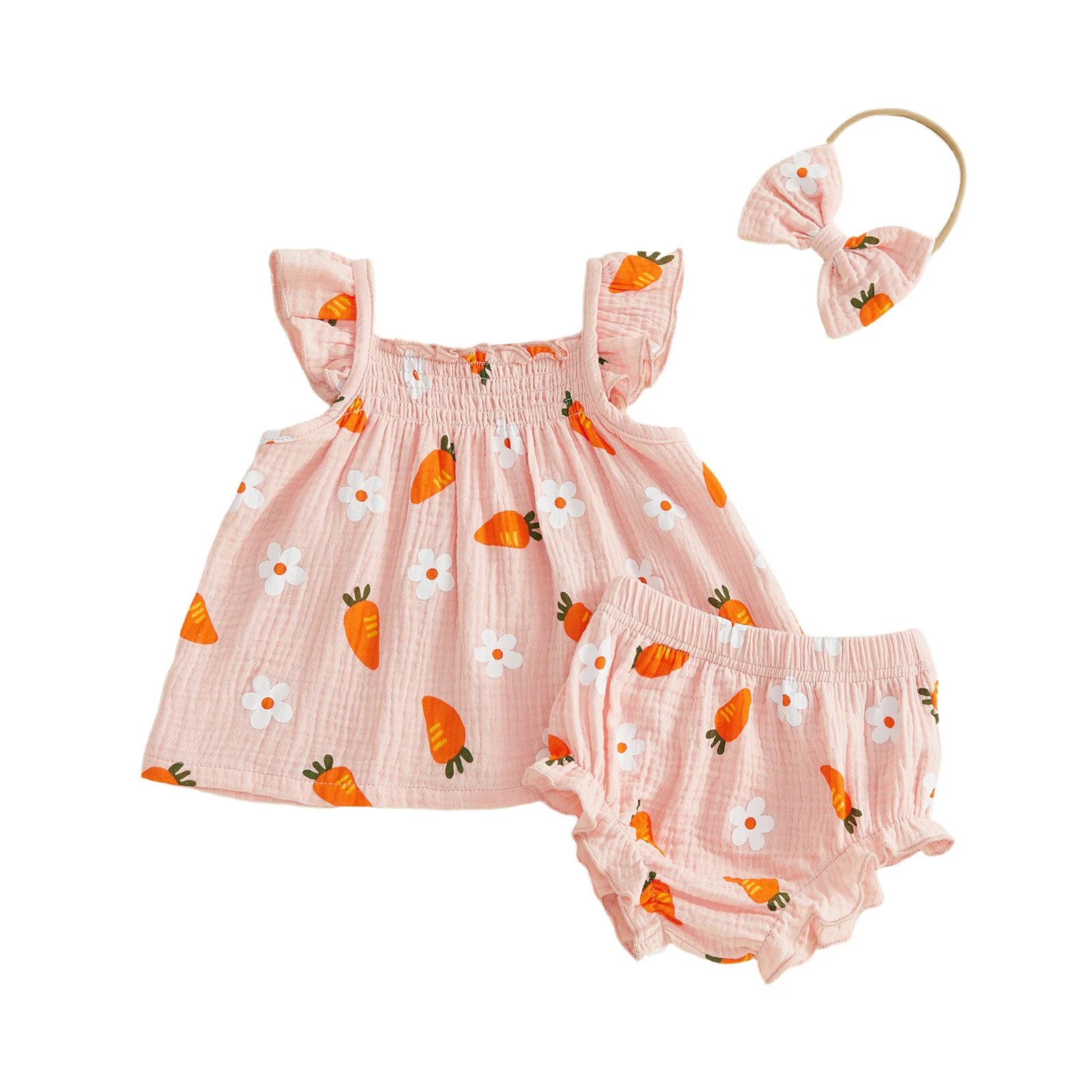 Baby Girl Easter Outfits Flower Carrot Print Square Neck Fly Sleeve Tops Elastic Waist Shorts Headband 3Pcs Clothes Set
Baby Girl Easter Outfits Flower Carrot Print Square Neck Fly Sleeve Tops Elastic Waist Shorts Headband 3Pcs Clothes Set