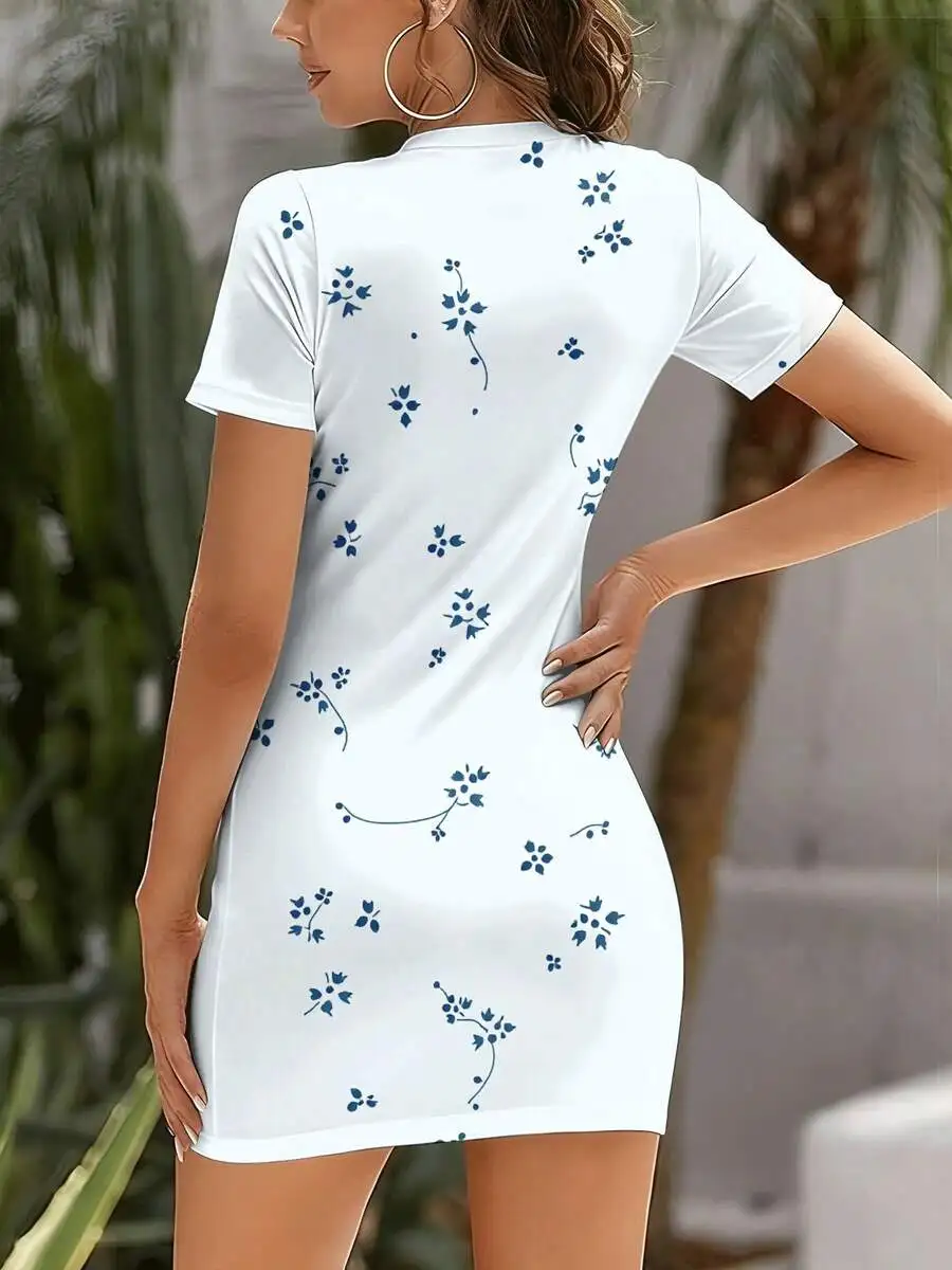 Womens Short Sleeve Fitted Dress Blue Floral Print Round Neck Casual Summer Dress For Beach Vacation
Womens Short Sleeve Fitted Dress Blue Floral Print Round Neck Casual Summer Dress For Beach Vacation