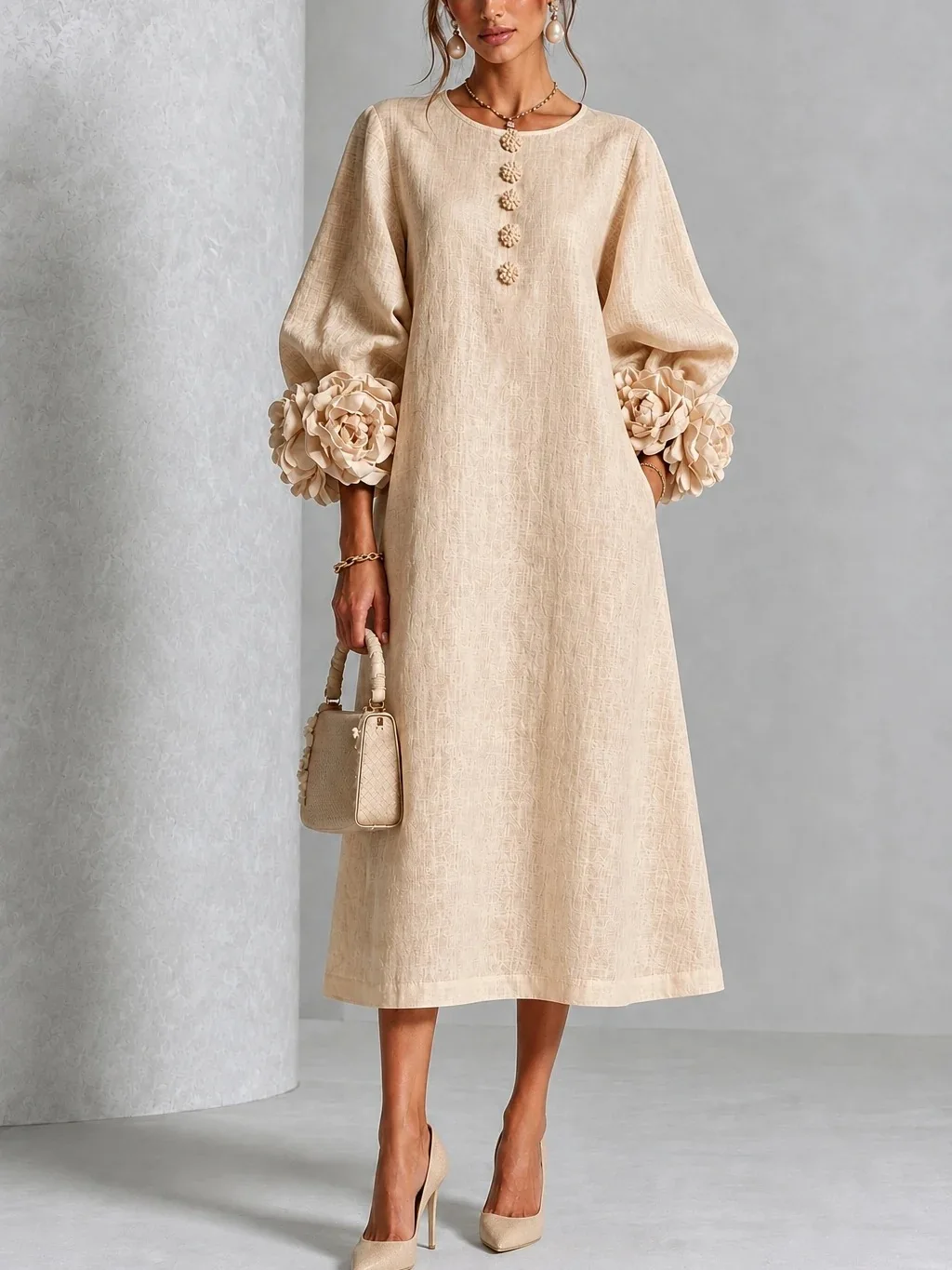 Elegant Women Linen Midi Dress O Neck 3D Floral Lantern Sleeve Button Loose Straight Long Dress Modest Casual Party Dresses 72 S1bb61989396945f0b559c46f5f73d18eA