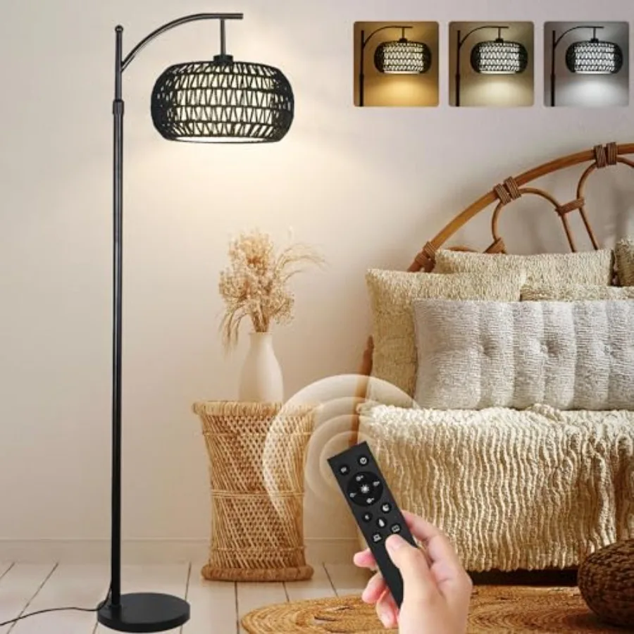 Arc Floor Lamp with 3 Color Temperatures, Black Floor Lamp with Remote Control, Boho Standing Lamp with Rattan Wicker Shades, F
Arc Floor Lamp with 3 Color Temperatures, Black Floor Lamp with Remote Control, Boho Standing Lamp with Rattan Wicker Shades, F