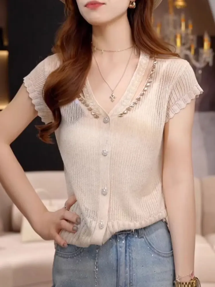 Ice Silk Knitted Top Women's Summer ort Sve V-Ne Slimming Base irt Heavy Embelliment Design Faionable And
Ice Silk Knitted Top Women's Summer ort Sve V-Ne Slimming Base irt Heavy Embelliment Design Faionable And