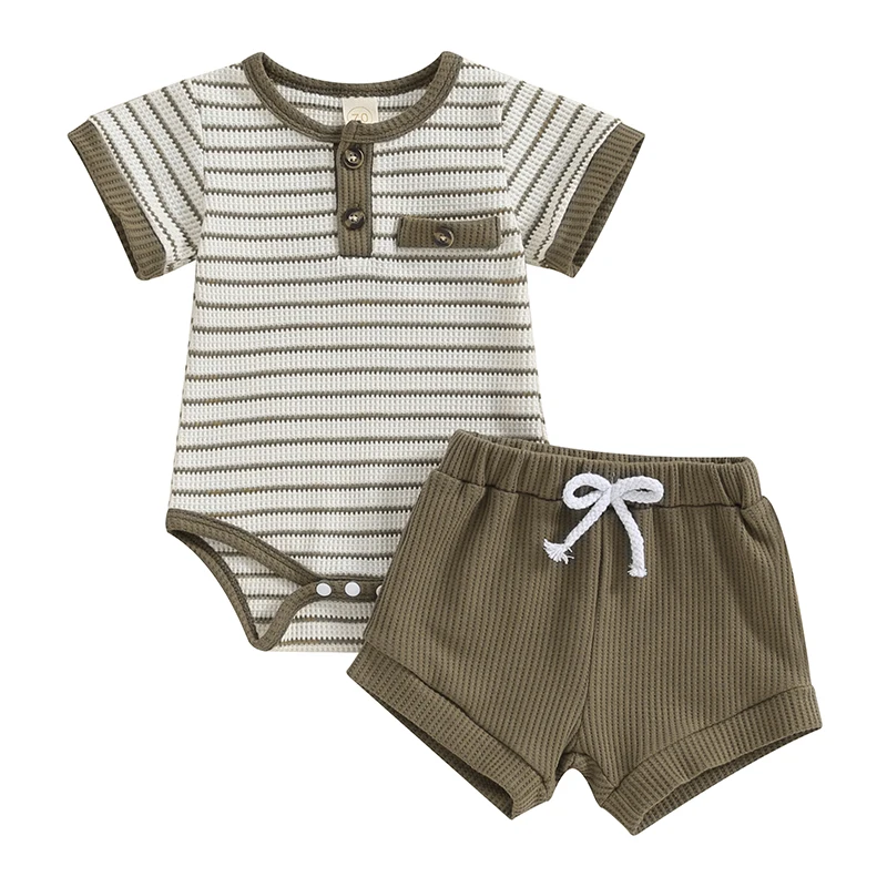Newborn Baby Boy Summer Clothes Striped Button Short Sleeve Romper Bodysuit Shorts Set Infant Soft Waffle Outfit
Newborn Baby Boy Summer Clothes Striped Button Short Sleeve Romper Bodysuit Shorts Set Infant Soft Waffle Outfit