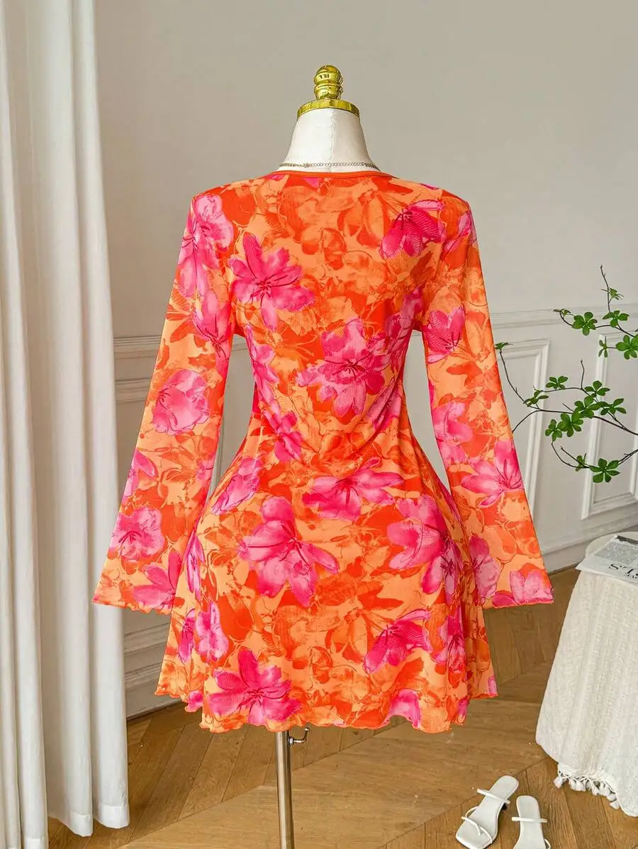 Orange Pink Floral Print V-Neck Flare Sleeve Boho Casual Summer Dress
Orange Pink Floral Print V-Neck Flare Sleeve Boho Casual Summer Dress
