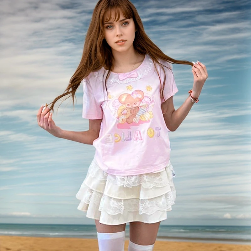 Japanese Cute Bear Print Short Sleeve T Shirt Polka Dot Bow Woman 2024 Summer New Pink Top Kawaii 2000s Youthful Sweet Tees
Japanese Cute Bear Print Short Sleeve T Shirt Polka Dot Bow Woman 2024 Summer New Pink Top Kawaii 2000s Youthful Sweet Tees