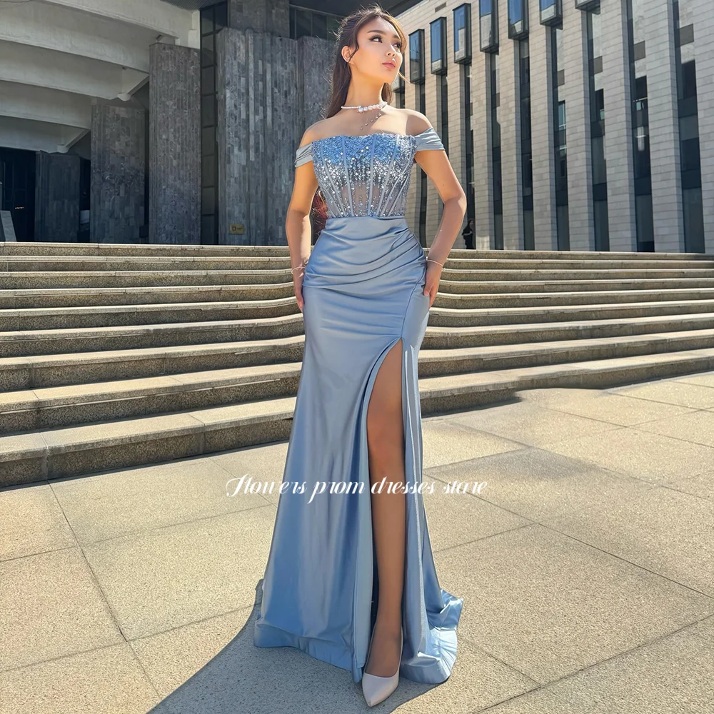 Flowers Blue Mermaid Prom Dress with Sequins Party Dress High Slit Evening Dress Off Shoulder فساتين مناسبة رسمية Customized
Flowers Blue Mermaid Prom Dress with Sequins Party Dress High Slit Evening Dress Off Shoulder فساتين مناسبة رسمية Customized