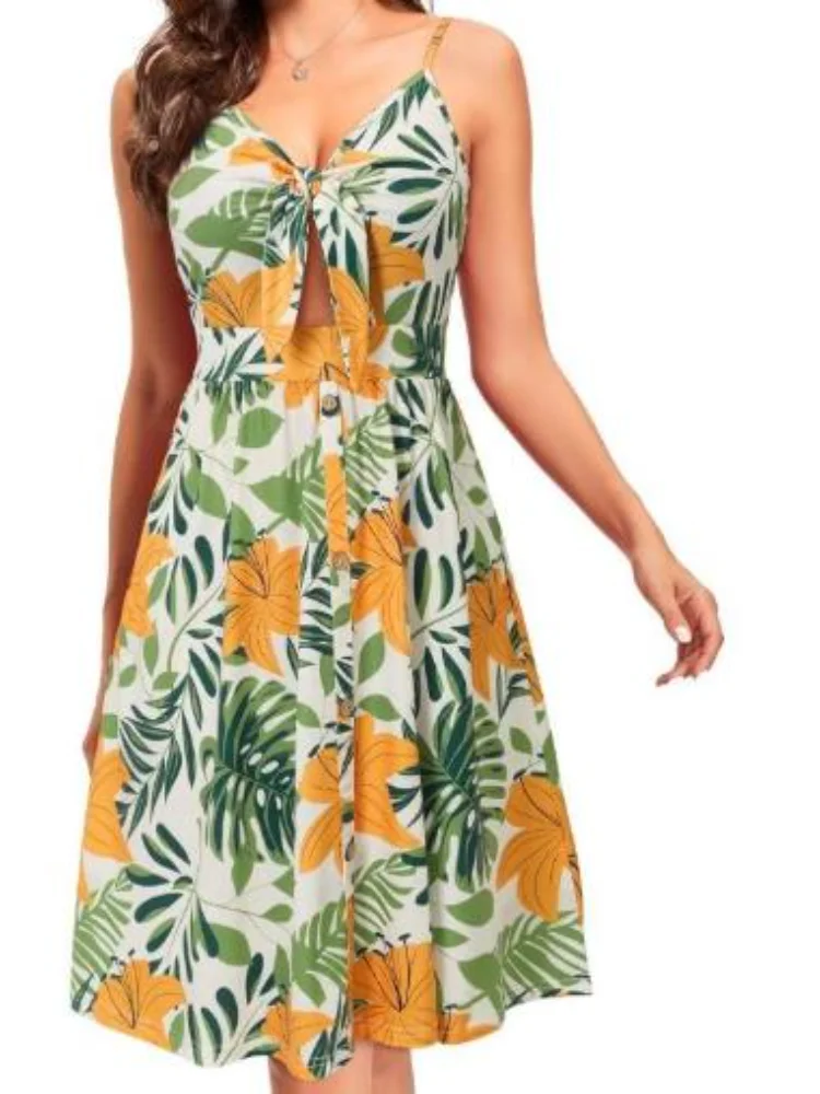 Summer Casual Tropical Vacation Vest Beach Dress Women's V-Neck Lace Up Hollow Neckline Sleeveless A-Line Suspender Dress
Summer Casual Tropical Vacation Vest Beach Dress Women's V-Neck Lace Up Hollow Neckline Sleeveless A-Line Suspender Dress