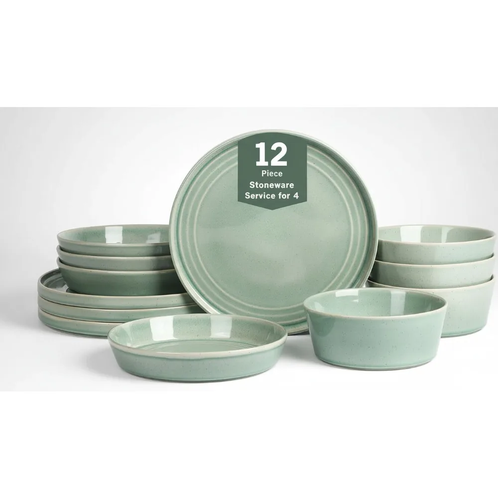 12-Piece Green Dinnerware Set, Stoneware Plates & Bowls, Dishwasher & Microwave Safe, Modern Coastal Design for Family Dining
12-Piece Green Dinnerware Set, Stoneware Plates & Bowls, Dishwasher & Microwave Safe, Modern Coastal Design for Family Dining