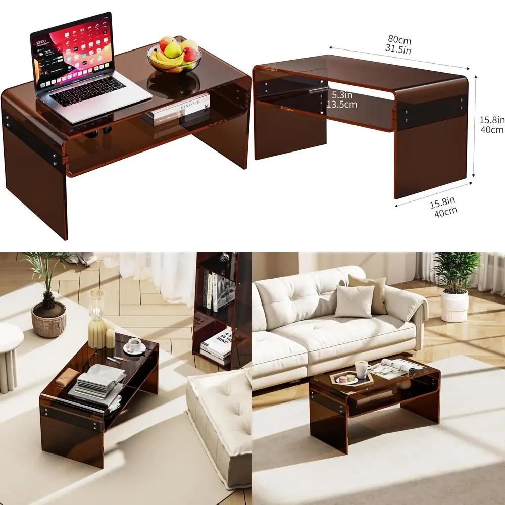 Clear Rectangular Acrylic Coffee Table with Open Shelf in Dark Brown for Living Room
Clear Rectangular Acrylic Coffee Table with Open Shelf in Dark Brown for Living Room