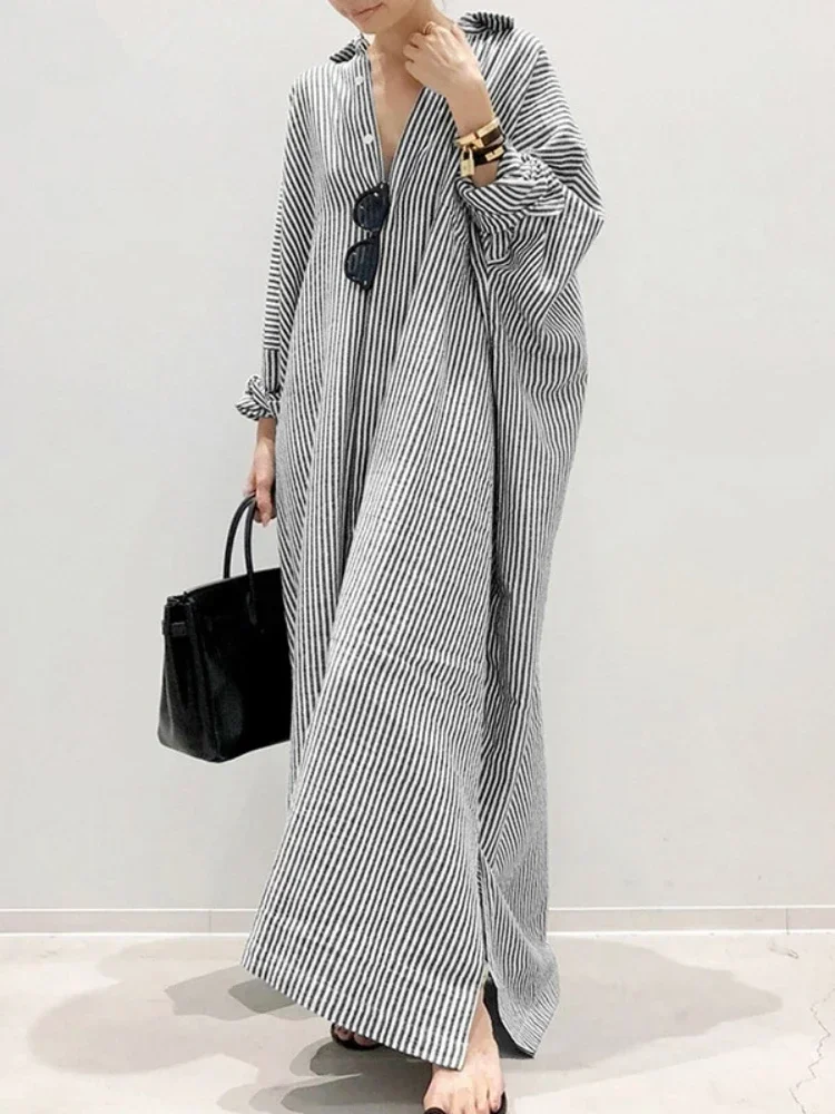 Streetwear Spring Summer Dress Striped Lapel Single-breasted Loose Oversized Long Sleeved Long Dresses for Women Clothing Robe
Streetwear Spring Summer Dress Striped Lapel Single-breasted Loose Oversized Long Sleeved Long Dresses for Women Clothing Robe