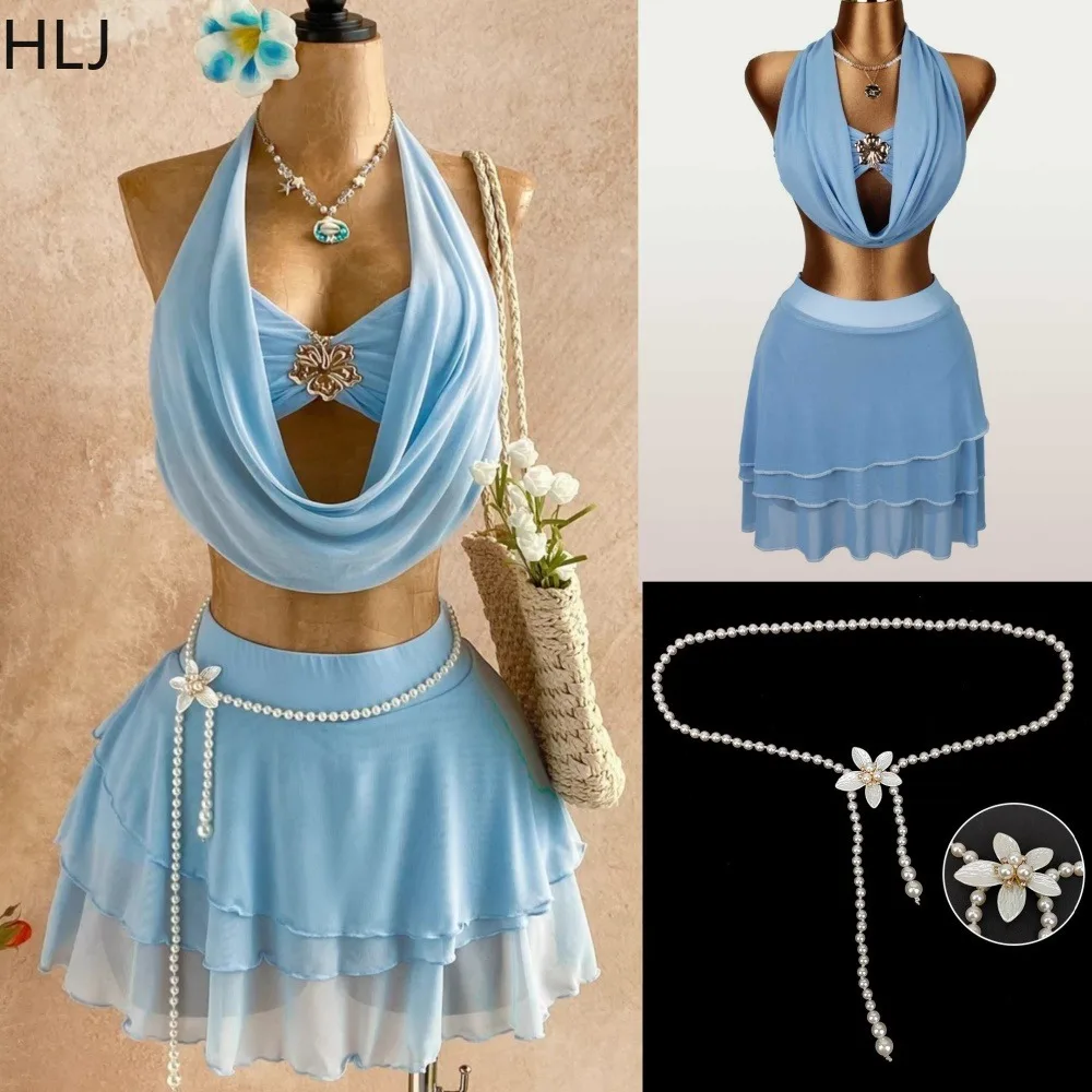 HLJ Women 3 Piece Light Blue Beach Outfit Set Halter Mesh Crop Top + Tiered Mini Skirt + Pearl Waist Chain Boho Y2K Summer 2026
HLJ Women 3 Piece Light Blue Beach Outfit Set Halter Mesh Crop Top + Tiered Mini Skirt + Pearl Waist Chain Boho Y2K Summer 2026