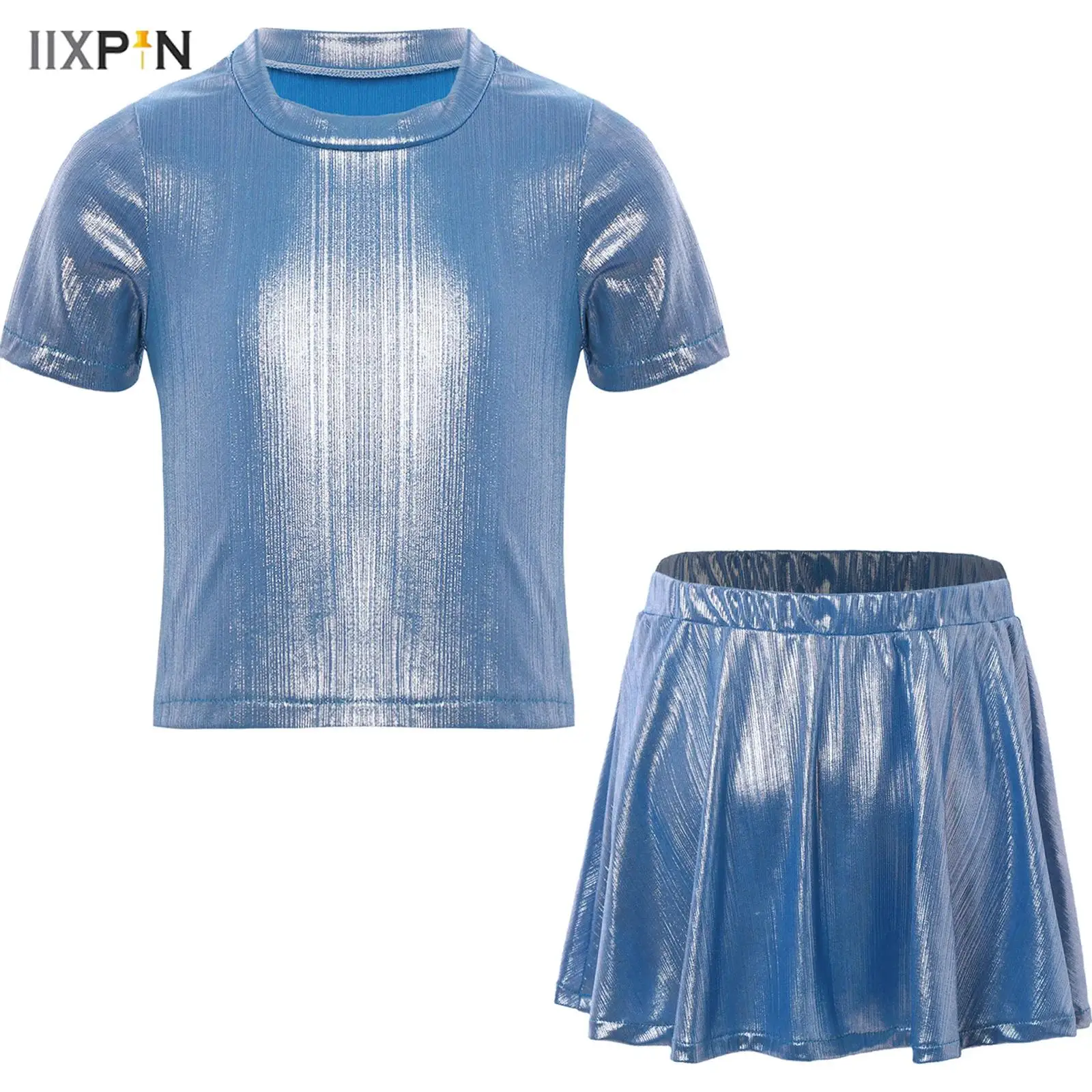 Kids Girls Hip-Hop Jazz Cheerleading Dance Outfits Shiny Metallic Short Sleeve T-shirts Crop Top+Shimmery Ruffled Skirt 2Pcs Set
Kids Girls Hip-Hop Jazz Cheerleading Dance Outfits Shiny Metallic Short Sleeve T-shirts Crop Top+Shimmery Ruffled Skirt 2Pcs Set