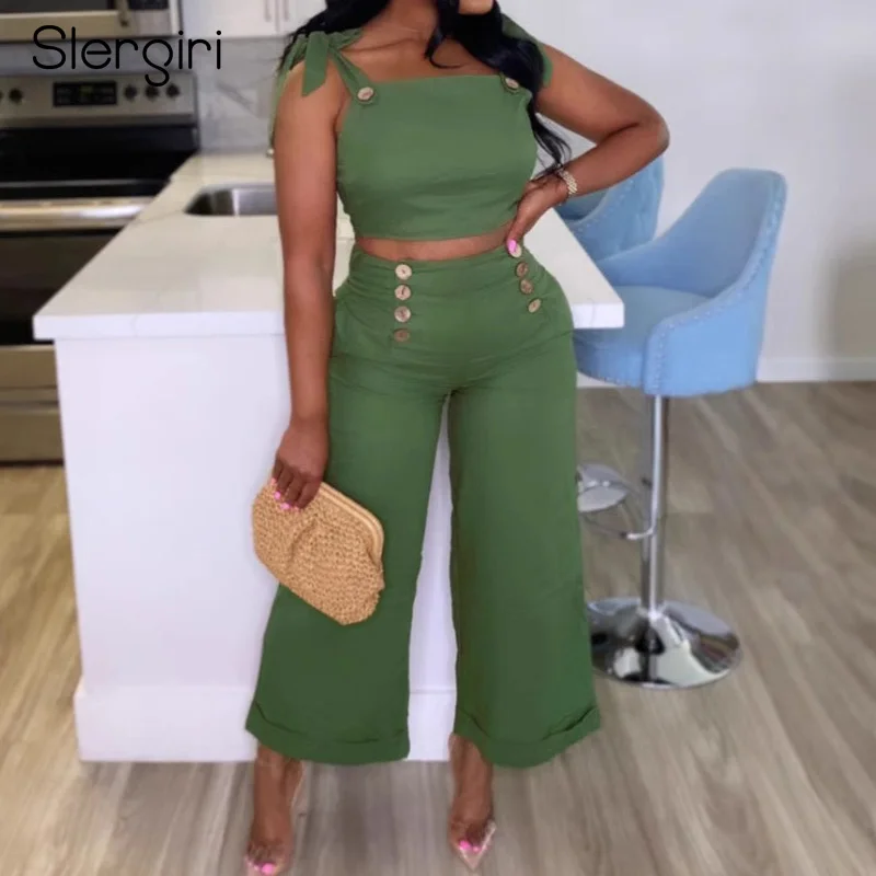 Slergiri Women's Solid Color Tie Shoulder Crop Top with Double Breasted Wide Leg Pants Casual Vacation Two Piece Set Woman
Slergiri Women's Solid Color Tie Shoulder Crop Top with Double Breasted Wide Leg Pants Casual Vacation Two Piece Set Woman