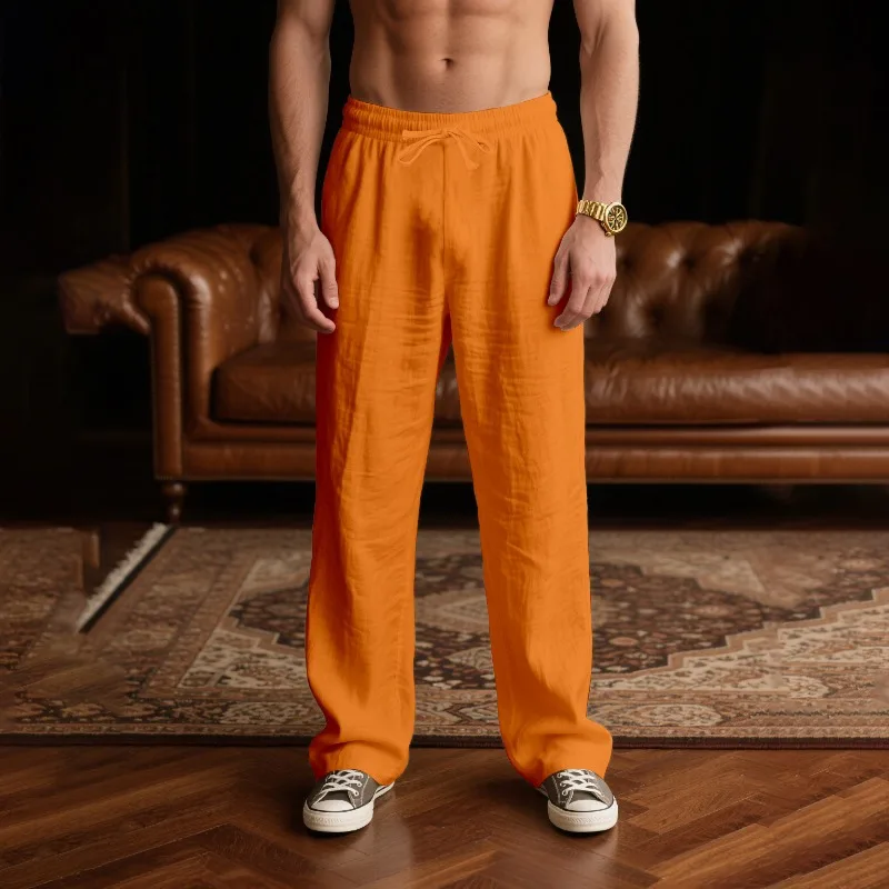 Мужские летние льняные брюки оранжевого цвета, свободного кроя, с завязками на талии, повседневные, прямые штанины
Мужские летние льняные брюки оранжевого цвета, свободного кроя, с завязками на талии, повседневные, прямые штанины