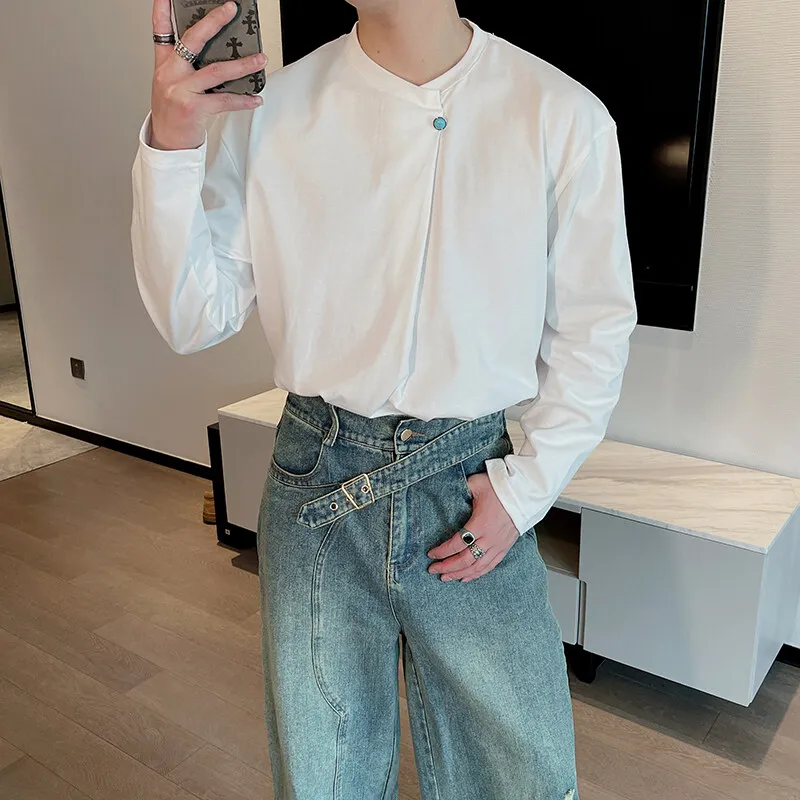 Spring Summer Pleated Design Turquoise Button T-shirt Men Solid Color Long Sleeved T-shirt Trendy Versatile Loose Pullover 2025
Spring Summer Pleated Design Turquoise Button T-shirt Men Solid Color Long Sleeved T-shirt Trendy Versatile Loose Pullover 2025
