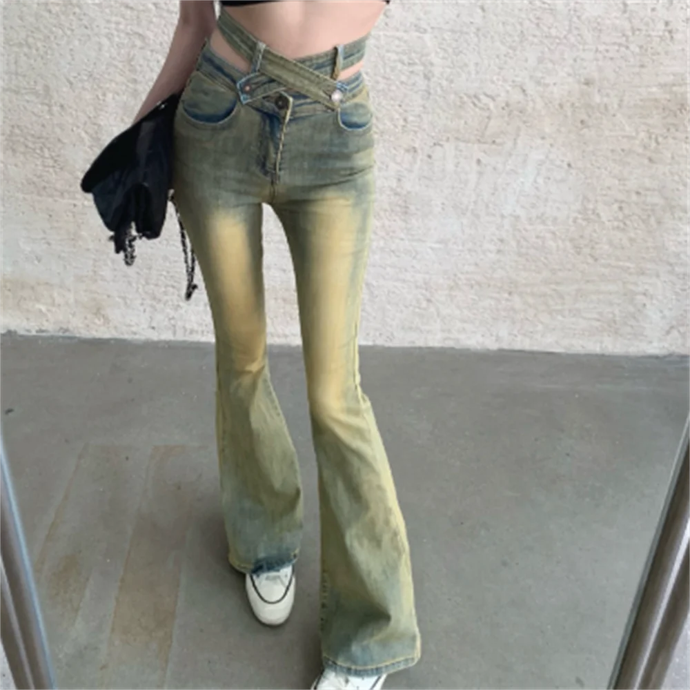 high-waisted jeans spring slim design fashion hole belt pants street flare micro jeans
high-waisted jeans spring slim design fashion hole belt pants street flare micro jeans