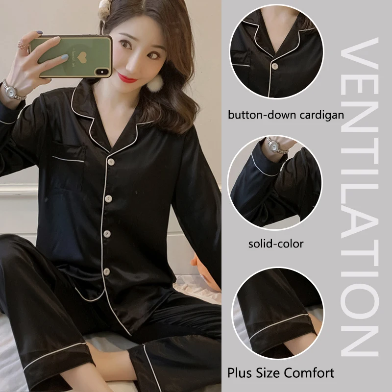 Women Pajamas 2PCS/Set Large Size Autumn Winter Ladies Long-Sleeved Ice Silk Solid Korean Casual Cardigan Outside The Homewear
Women Pajamas 2PCS/Set Large Size Autumn Winter Ladies Long-Sleeved Ice Silk Solid Korean Casual Cardigan Outside The Homewear