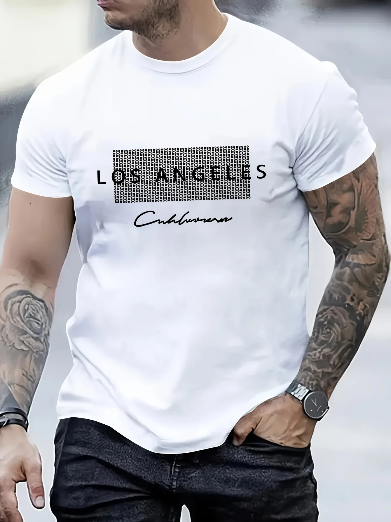 Men's Los Angeles Graphic Print Casual T-Shirt - Navy Blue Short Sleeve Crewneck with White Checkered Design
Men's Los Angeles Graphic Print Casual T-Shirt - Navy Blue Short Sleeve Crewneck with White Checkered Design