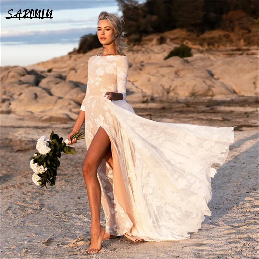 Scoop Neck Bohemian Wedding Dress Long Sleeve A-line Boho Bride Dresses With Sexy Slit Bridal Gown For Beach Wedding Party
Scoop Neck Bohemian Wedding Dress Long Sleeve A-line Boho Bride Dresses With Sexy Slit Bridal Gown For Beach Wedding Party