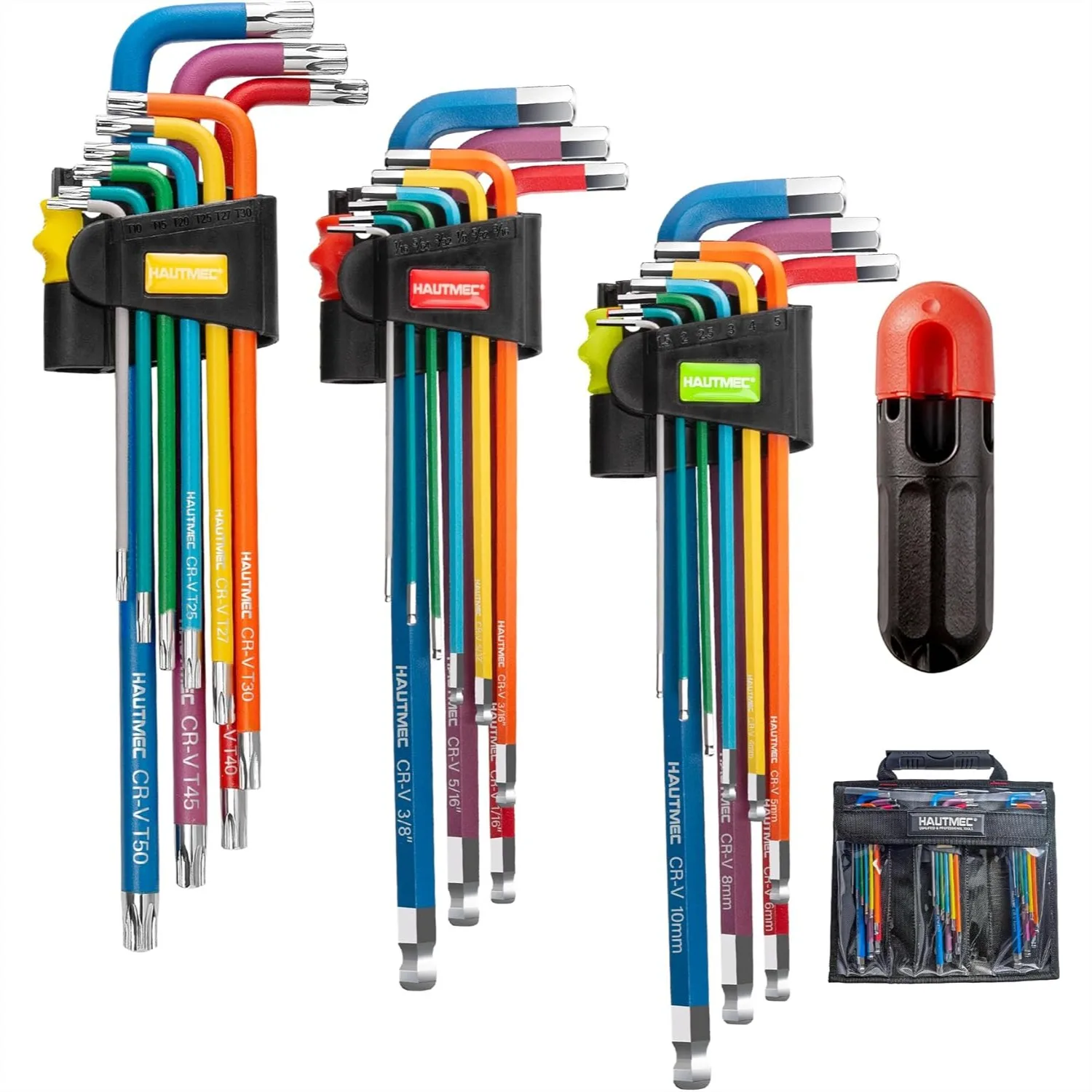 27PCS Long Allen Wrenches Set with Ball End, SAE Metric Torx T-Handle Hex Key, 60CR-V Steel, Color Coded & Storage Bag
27PCS Long Allen Wrenches Set with Ball End, SAE Metric Torx T-Handle Hex Key, 60CR-V Steel, Color Coded & Storage Bag
