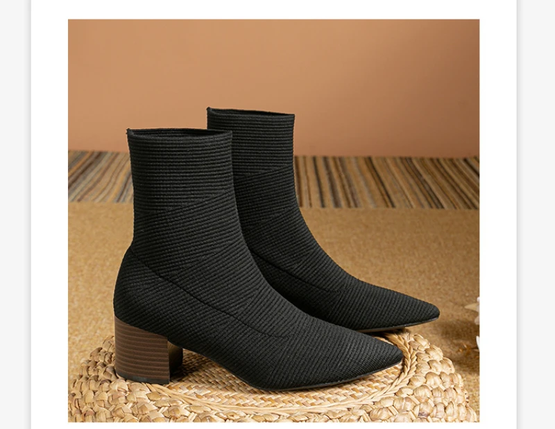 Black Square Toe Knit Sock Boots Elastic Slim Thick Block Heel High Heels Short Boots Fashion Autumn Casual Skinny Ankle Boots 22 S1bd13937ca4a4dc4a6f5f84bb69a4e5br