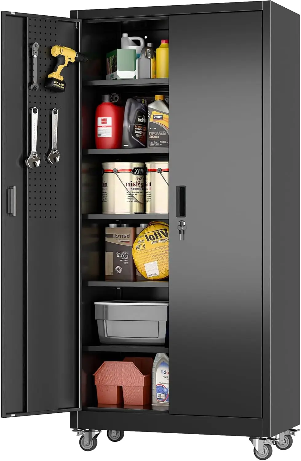 Metal Storage Cabinet with Pegboard,71' H Garage Storage Cabinet with Wheels and 5 Shelves for Garage
Metal Storage Cabinet with Pegboard,71' H Garage Storage Cabinet with Wheels and 5 Shelves for Garage