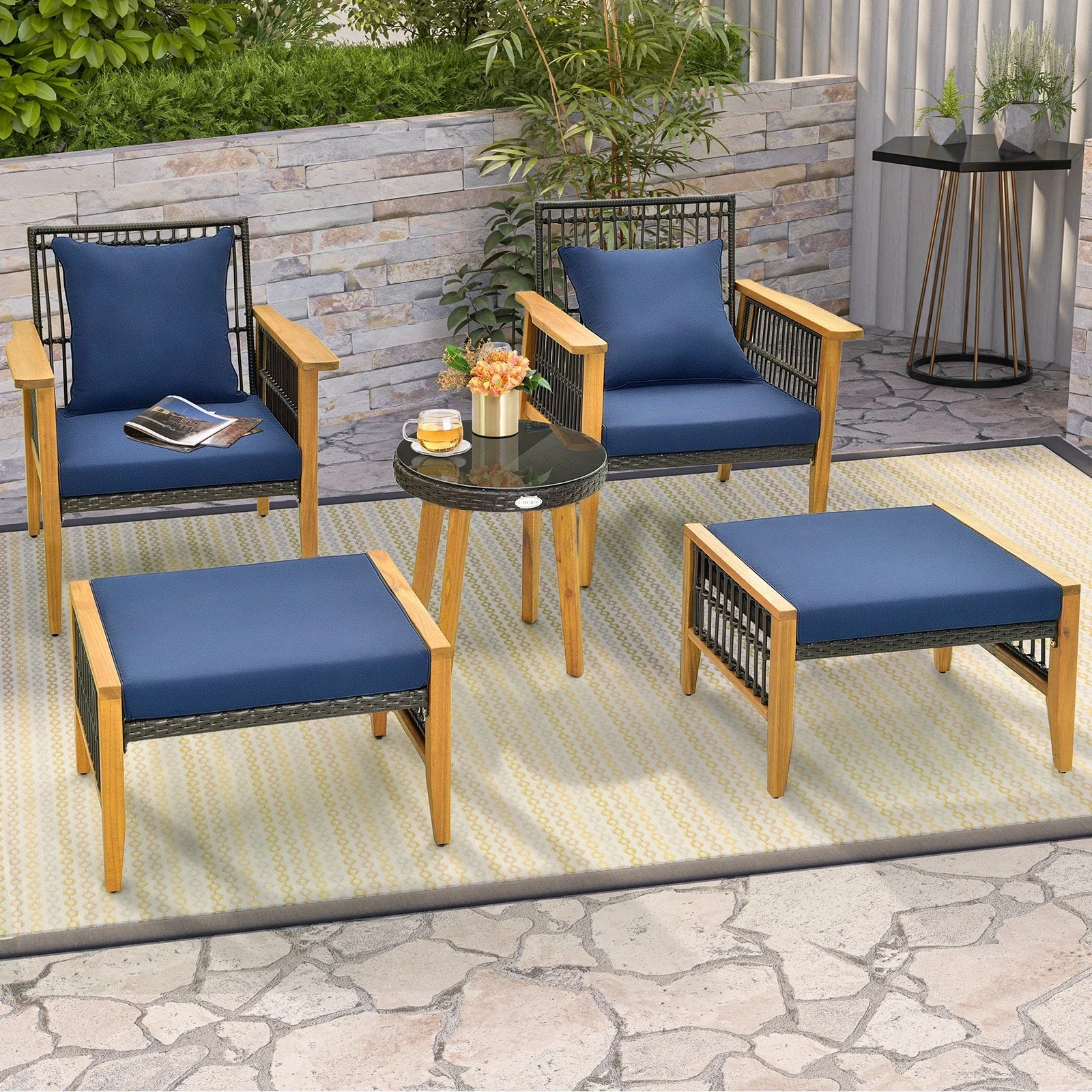 5 Piece Acacia Wood Frame Outdoor Furniture Set w/ Coffee Table & 2 Ottomans
5 Piece Acacia Wood Frame Outdoor Furniture Set w/ Coffee Table & 2 Ottomans