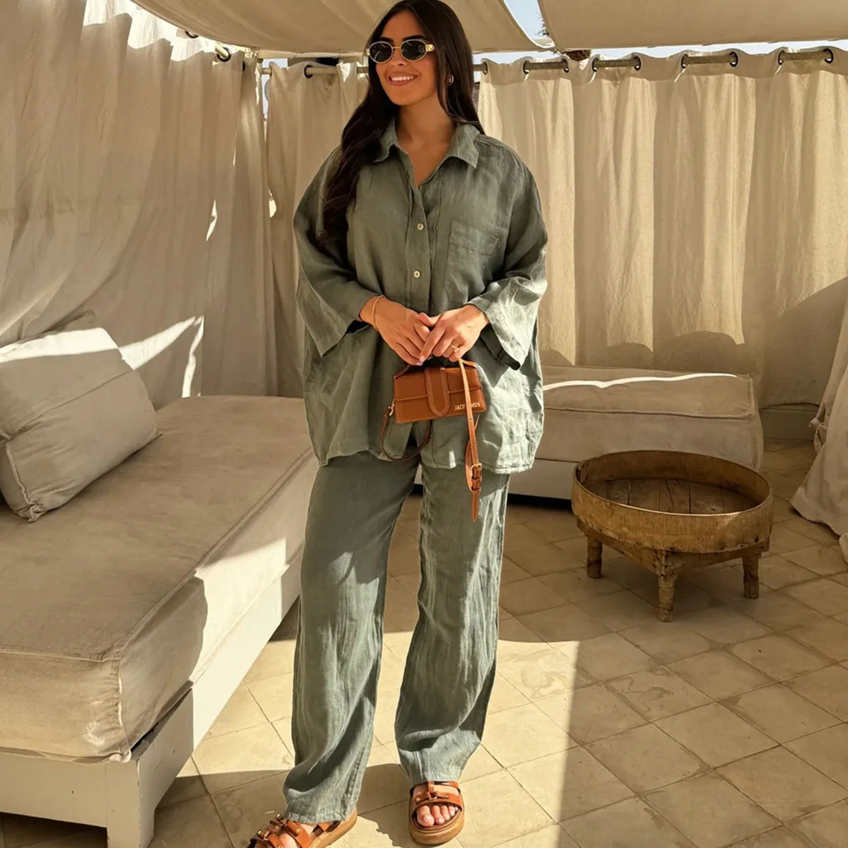 Women Vintage Solid Loose Pants Suit Lapel Single Breasted Long Sleeve Shirt Wide Leg Pants 2 Pcs Set 2024 New Ladies Streetwear
Women Vintage Solid Loose Pants Suit Lapel Single Breasted Long Sleeve Shirt Wide Leg Pants 2 Pcs Set 2024 New Ladies Streetwear