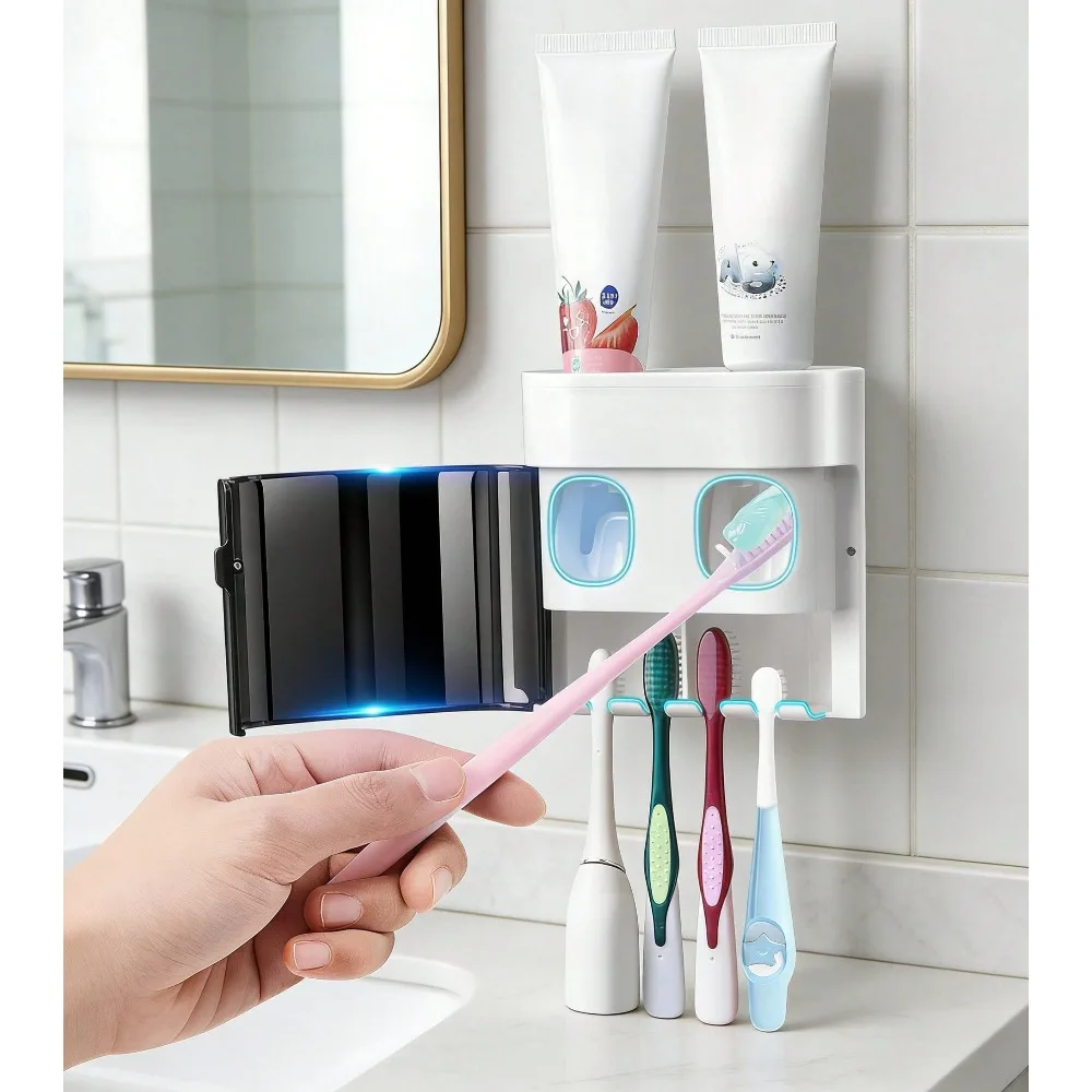 Wall-Mounted Toothbrush Holder With Lid And Toothpaste Dispenser, 4-Slot Automatic Toothpaste Extruder Bathroom Storage Box (Black)
Wall-Mounted Toothbrush Holder With Lid And Toothpaste Dispenser, 4-Slot Automatic Toothpaste Extruder Bathroom Storage Box (Black)