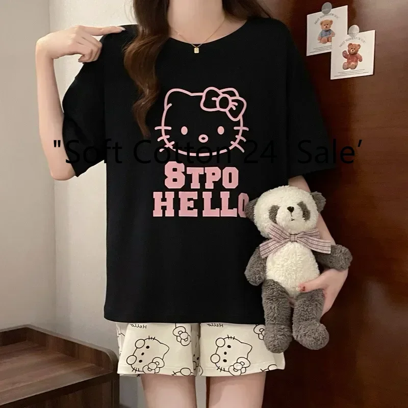 Summer new black round neck pure cotton cartoon Hello Kitty pajamas short sleeves shorts cute sweet casual loungewear set
Summer new black round neck pure cotton cartoon Hello Kitty pajamas short sleeves shorts cute sweet casual loungewear set