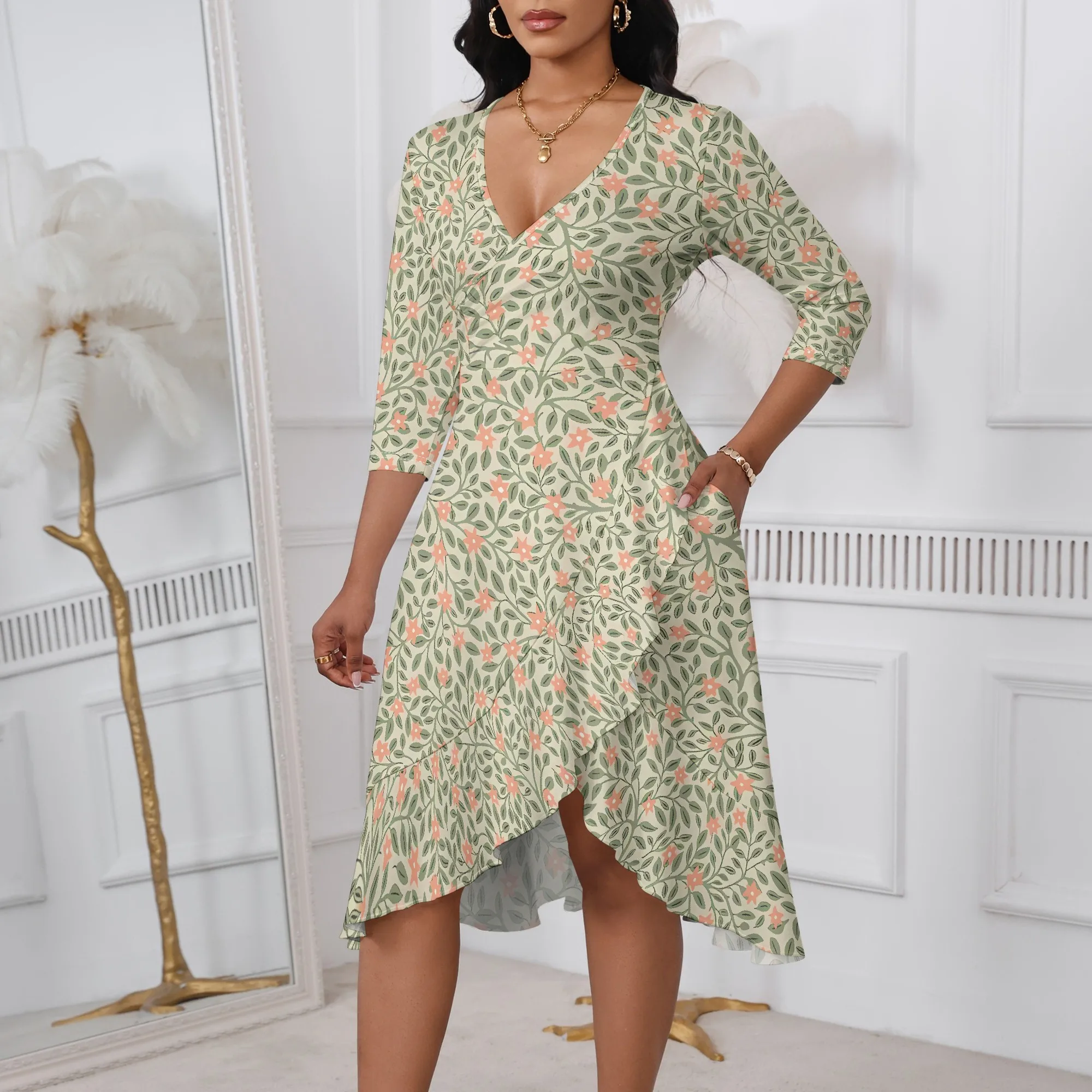 Nupusa Leafy Floral Print Dress for Women Regular Size Summer Casual V Neck three-Sleeve Asymmetrical Midi Dress
Nupusa Leafy Floral Print Dress for Women Regular Size Summer Casual V Neck three-Sleeve Asymmetrical Midi Dress