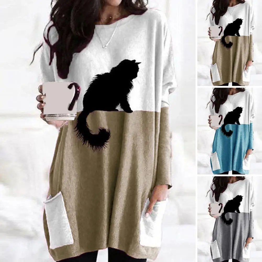 Comfortable Polyester Spandex T-shirt Stylish Women's Long Sleeve Sweater Soft Stretchy Black Cat Print Top with Pocket
Comfortable Polyester Spandex T-shirt Stylish Women's Long Sleeve Sweater Soft Stretchy Black Cat Print Top with Pocket