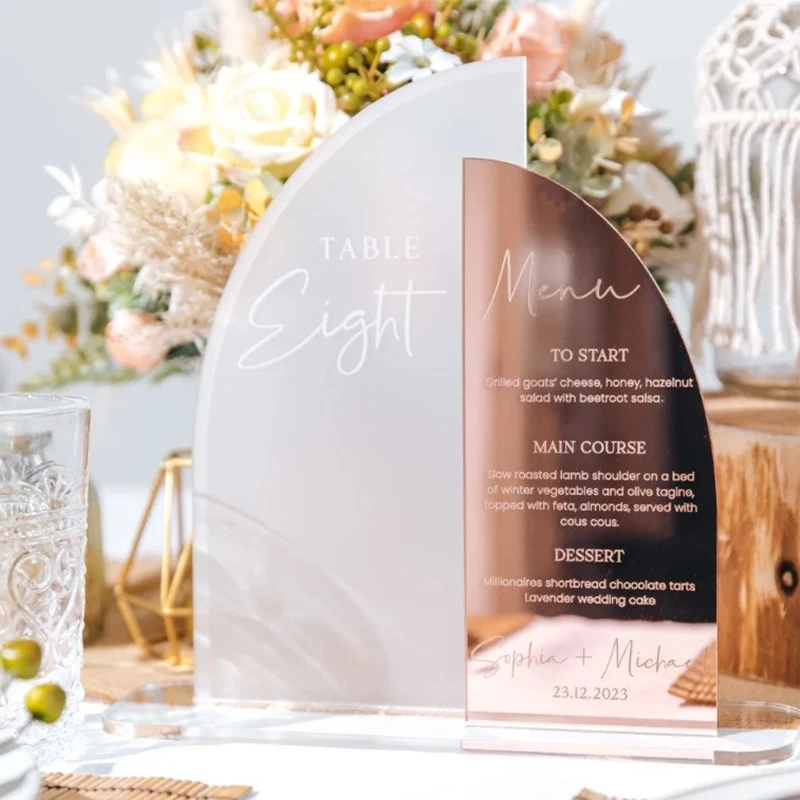 Personalised Luxury Wedding Décor,Rosegold Mirror Elegant Event Menus,Wedding Table Numbers,Arch Acrylic Table Sign
Personalised Luxury Wedding Décor,Rosegold Mirror Elegant Event Menus,Wedding Table Numbers,Arch Acrylic Table Sign