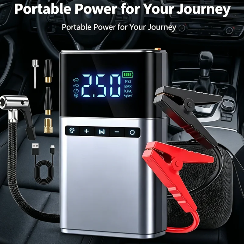 All-in-One Car Jump Starter Air Pump Power Bank,4W Air Compressor Output,Emergency Starter Pump ,SUV with Compact EVA Carry Bag
All-in-One Car Jump Starter Air Pump Power Bank,4W Air Compressor Output,Emergency Starter Pump ,SUV with Compact EVA Carry Bag