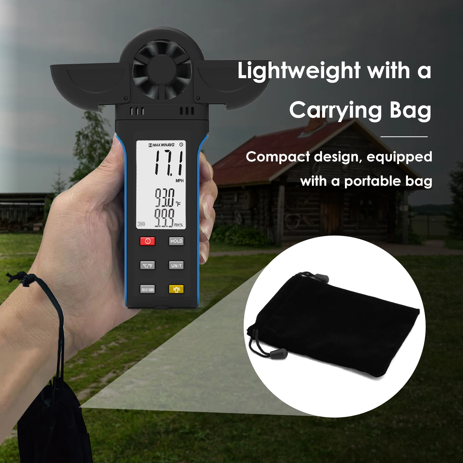 Digital Anemometer 0.3-30m/s Wind Speed Meter Temperature Humidity Tester MAX MIN Backlight