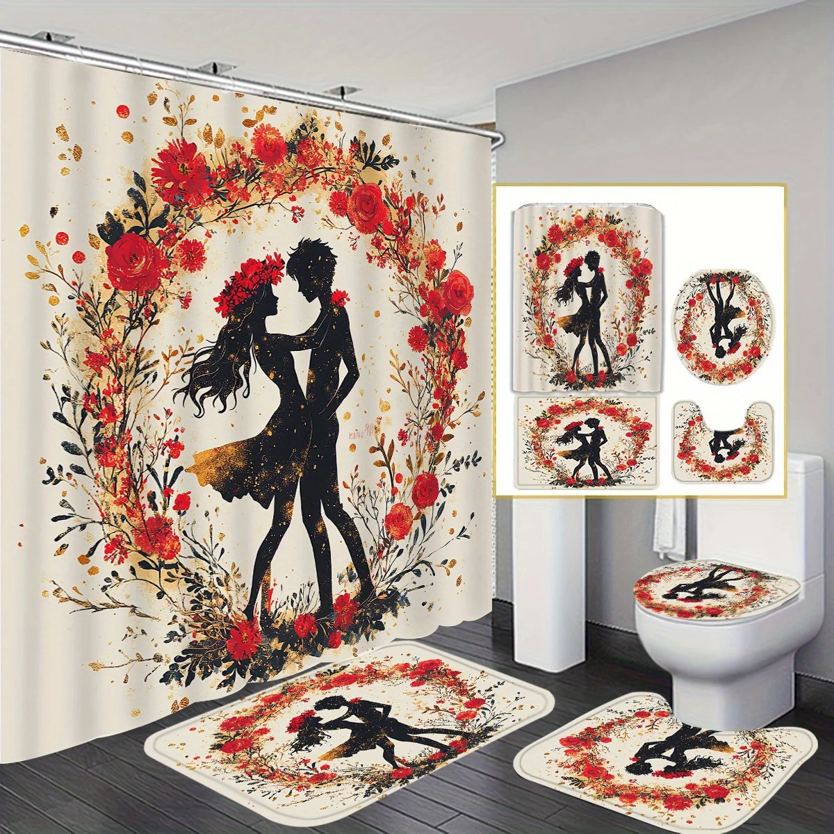 Romantic Floral Dance Bathroom Set: Waterproof Shower Curtain, Soft Contour Rug, Stylish Toilet Lid Cover, Non-Slip Bathtub Mat
Romantic Floral Dance Bathroom Set: Waterproof Shower Curtain, Soft Contour Rug, Stylish Toilet Lid Cover, Non-Slip Bathtub Mat