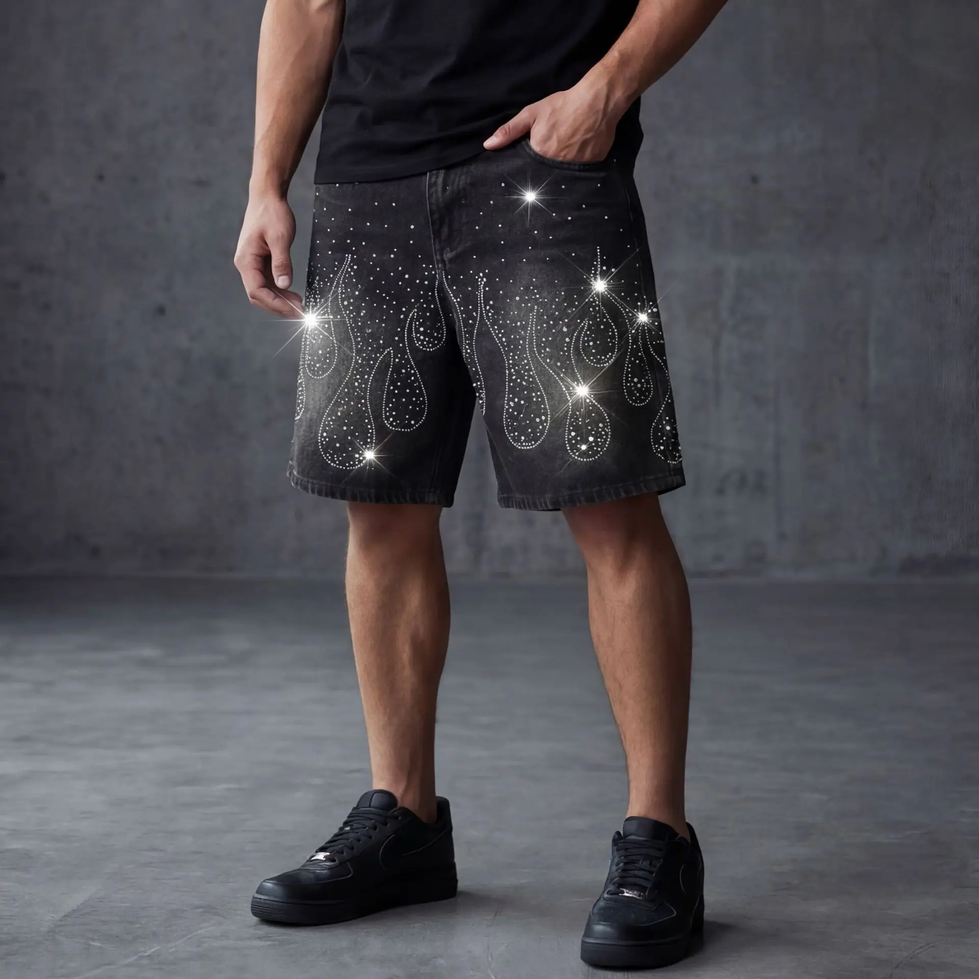 Y2K Style Rhinestone Denim Shorts For Men, Loose Fit Baggy Jean Shorts With Sparkly Cross & Star Details, Distressed Raw Hem Sum
Y2K Style Rhinestone Denim Shorts For Men, Loose Fit Baggy Jean Shorts With Sparkly Cross & Star Details, Distressed Raw Hem Sum