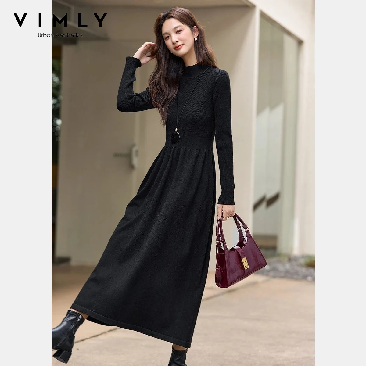 VIMLY Womens dresses 2025 winter Elegant Long Sleeve knitted long black dress Casual half high Neck Slimming Woman clothes 75297
VIMLY Womens dresses 2025 winter Elegant Long Sleeve knitted long black dress Casual half high Neck Slimming Woman clothes 75297