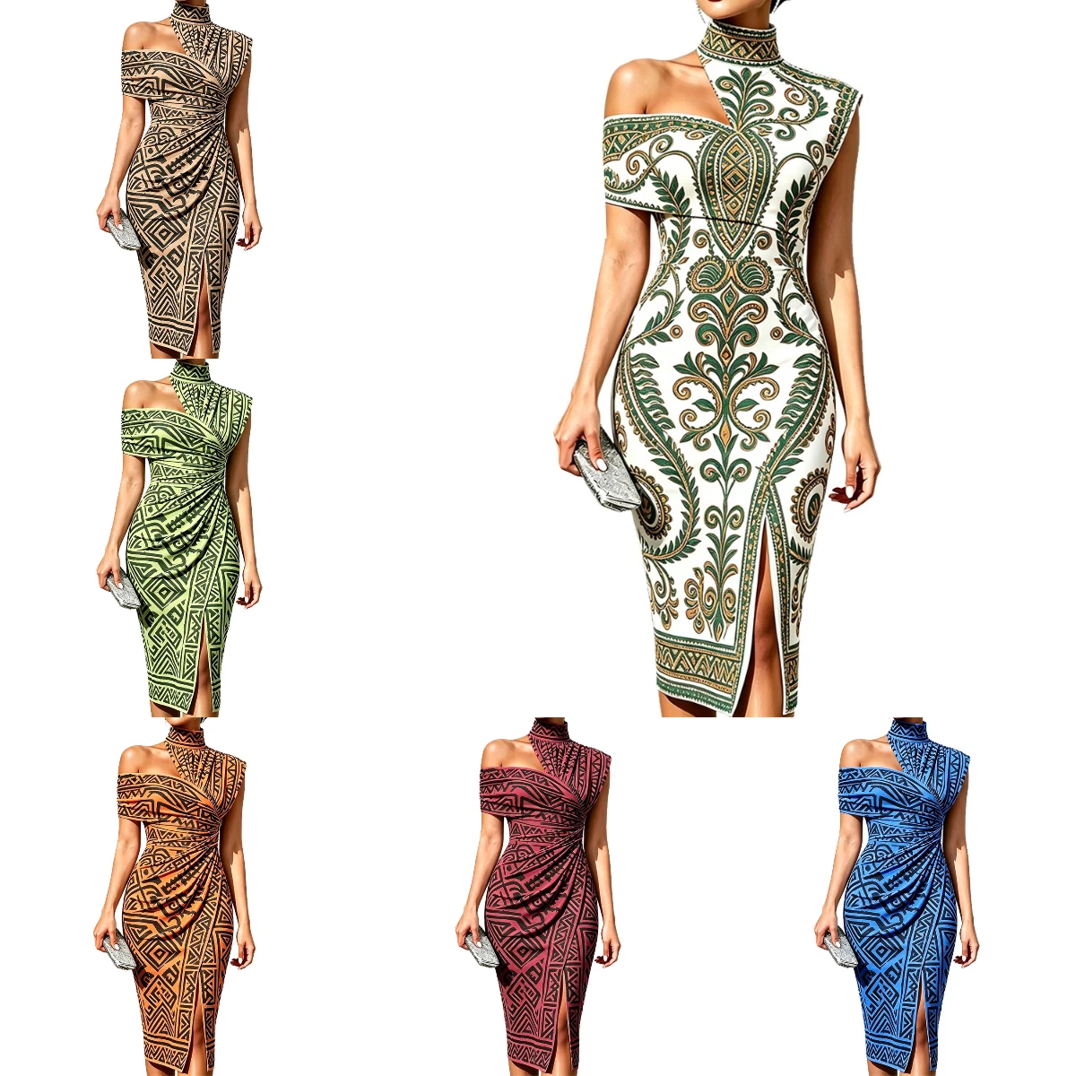 Women's Green Gold Baroque Print Bodycon Midi Dress Off Shoulder Asymmetrical Neck Ruched Slit Party Evening Dresses
Women's Green Gold Baroque Print Bodycon Midi Dress Off Shoulder Asymmetrical Neck Ruched Slit Party Evening Dresses