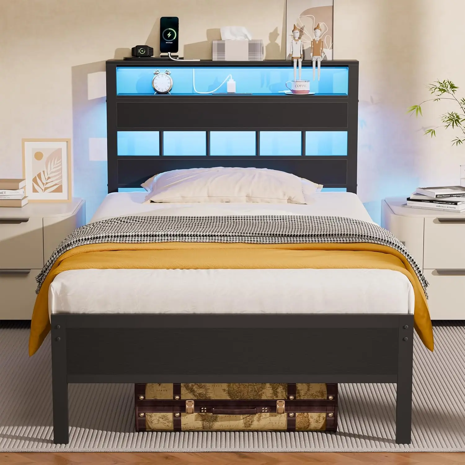 Twin Bed Frames with Charging Station and LED Lights, Twin Size Platform Bed with Metal Slats, Wood Headboard with 2-Ti
Twin Bed Frames with Charging Station and LED Lights, Twin Size Platform Bed with Metal Slats, Wood Headboard with 2-Ti