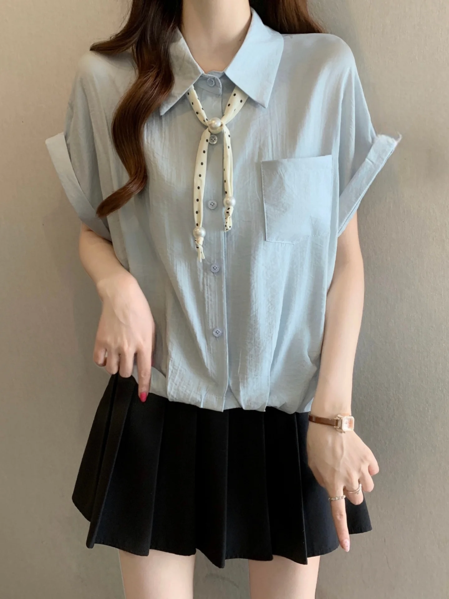 Summer Silk Scarf Belted Short Sleeve Base Shirt Women's plus Size Slimming High-End Short Top Korean Style Loose Fit Button ...
Summer Silk Scarf Belted Short Sleeve Base Shirt Women's plus Size Slimming High-End Short Top Korean Style Loose Fit Button ...