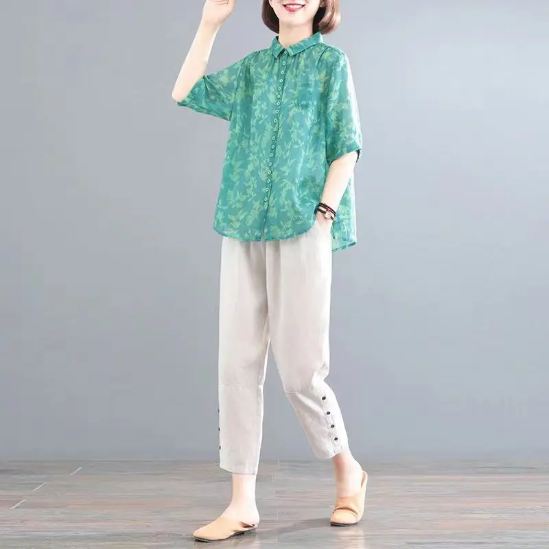 Casual Suit Printing Cotton And Linen Suit Women's Summer Ramie Floral Shirt Elastic Waist Ankle Length Pants Two Piece Set
Casual Suit Printing Cotton And Linen Suit Women's Summer Ramie Floral Shirt Elastic Waist Ankle Length Pants Two Piece Set