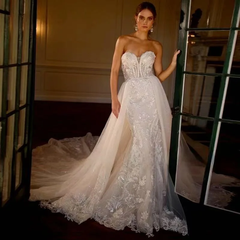 Romantic 2025 Delicate Beading Appliques Mermaid Wedding Dress Customized Strapless Zipper Detachable Train Trumpet Bridal Gown
Romantic 2025 Delicate Beading Appliques Mermaid Wedding Dress Customized Strapless Zipper Detachable Train Trumpet Bridal Gown